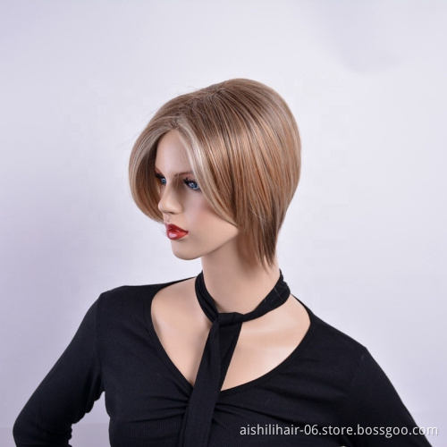 wholesale Short Straight Hair natural  Brown mix blonde  heat resistant synthetic hair Wigs for women